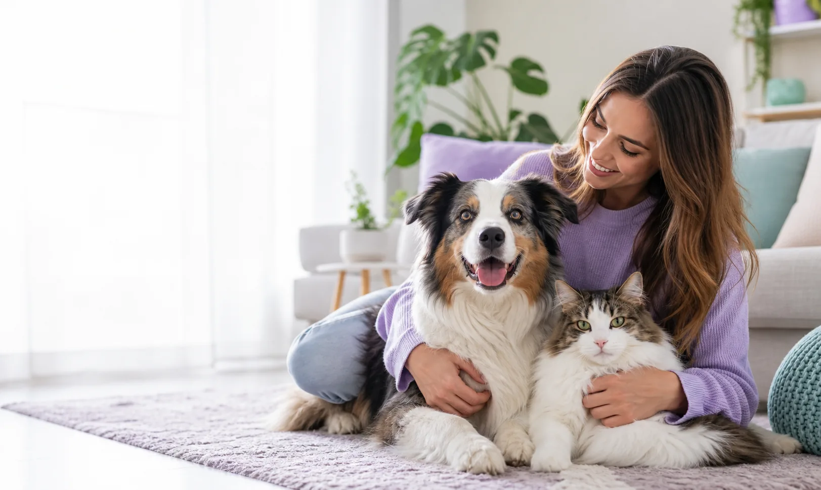 Perro y gato junto a su responsable en casa